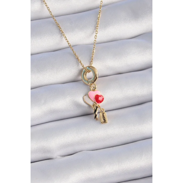 316L Çelik Gold Renk Renkli Kalp Figür Charm Model Kadın Kolye