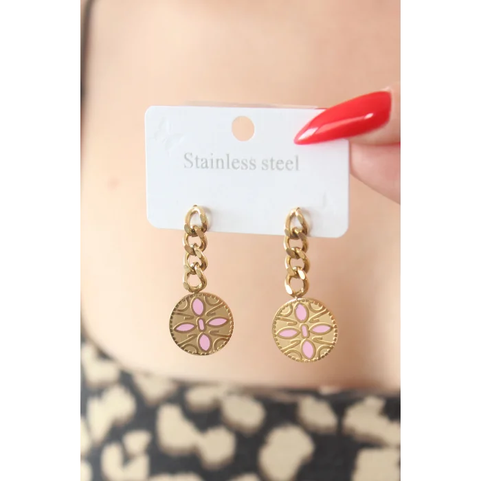 316L Çelik Gold Renk Sallantı Çiçek Model İşleme Detay Kadın Küpe