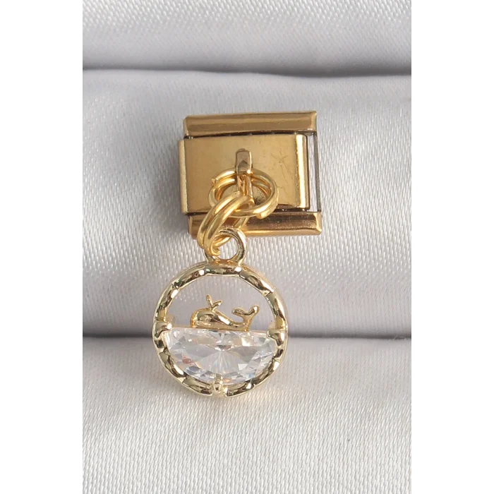 316L Çelik Gold Renk Sallantı Zirkon Taşlı Balina Model Nomination Charm