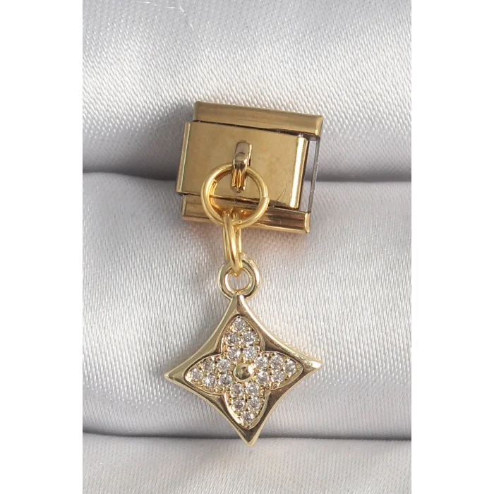 316L Çelik Gold Renk Sallantı Zirkon Taşlı Çiçek İşlemeli Nomination Charm