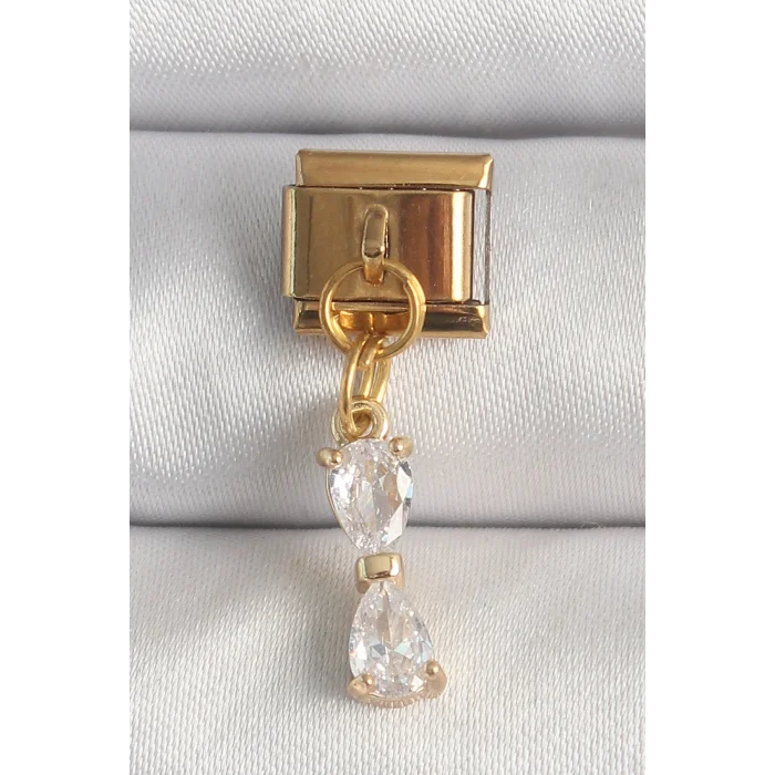 316L Çelik Gold Renk Sallantı Zirkon Taşlı Kurdele Model Nomination Charm
