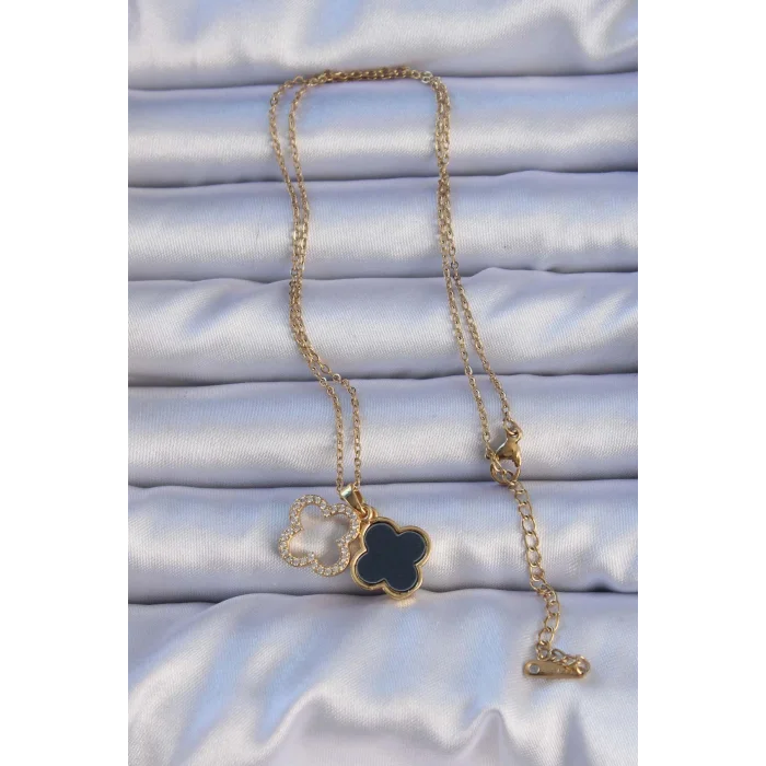 316L Çelik Gold Renk Siyah Mineli Zirkon Taşlı Yonca Figürlü Kolye