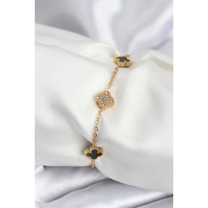 316L Çelik Gold Renk Siyah ve Zirkon Taşlı Baby Boy Yonca Kadın Bileklik