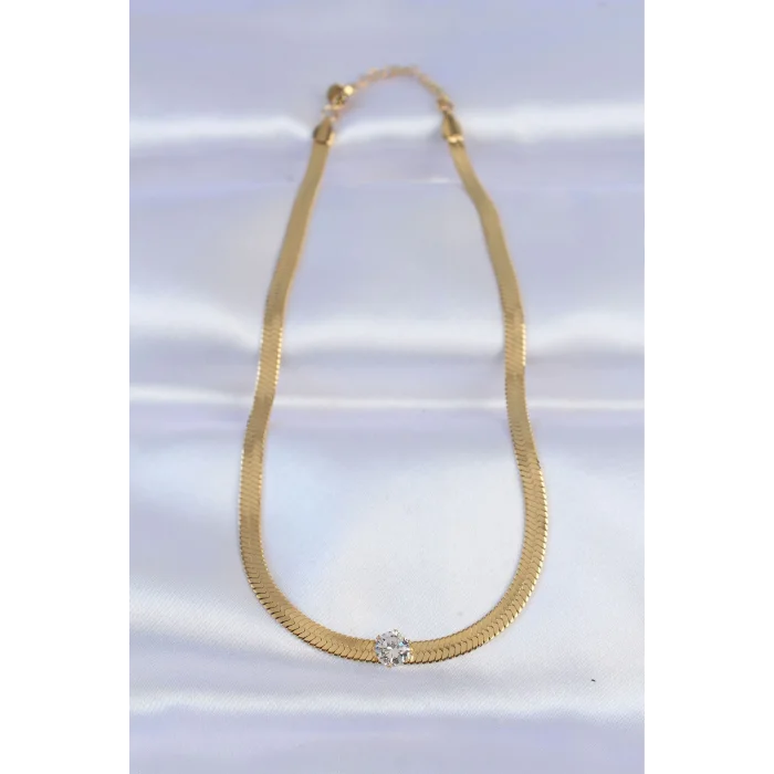 316L Çelik Gold Renk Tek Zirkon Taşlı İtalyan Zincir Kolye