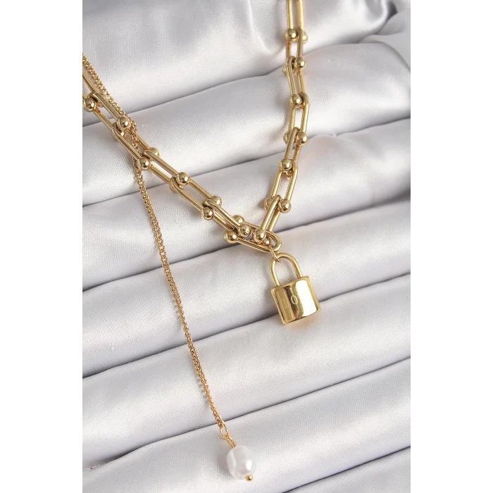 316L Çelik Gold Renk Tifany Zincir Model Kilit Figür Sallantı İnci Detay Kadın Kolye