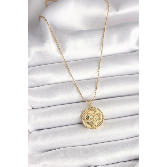 316L Çelik Gold Renk Topçuk Zincir Yılan İşlemeli Zirkon Taş Detaylı Madalyon Model Kadın Kolye