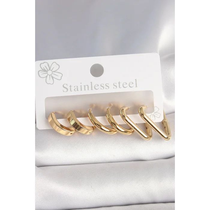316L Çelik Gold Renk Üçgen Halka Model Kadın Küpe Seti