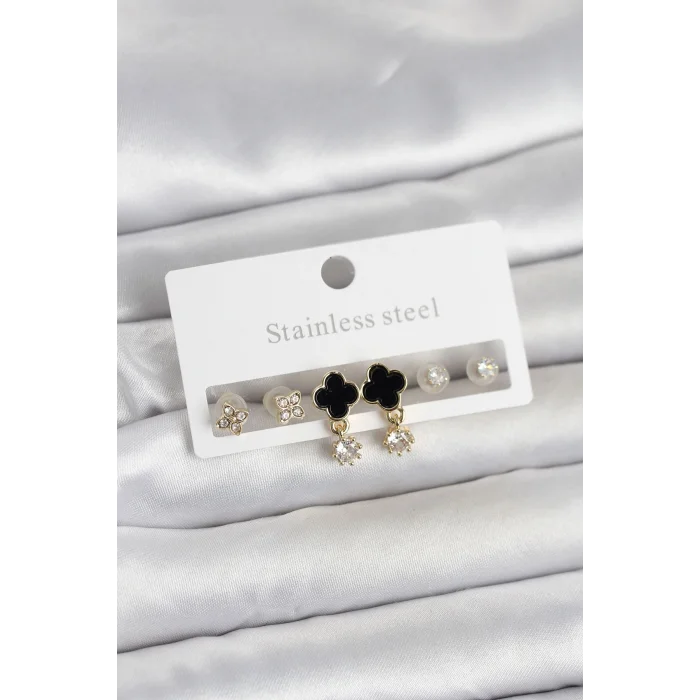 316L Çelik Gold Renk Yonca Detaylı Kadın Küpe Seti