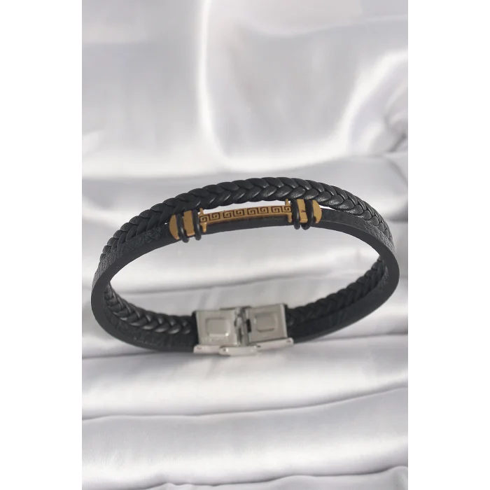 316L Çelik Gold Renk ZikZak İşlemeli Aksesuarlı Çift Sıra Burgu Desenli Deri Kordon Erkek Bileklik