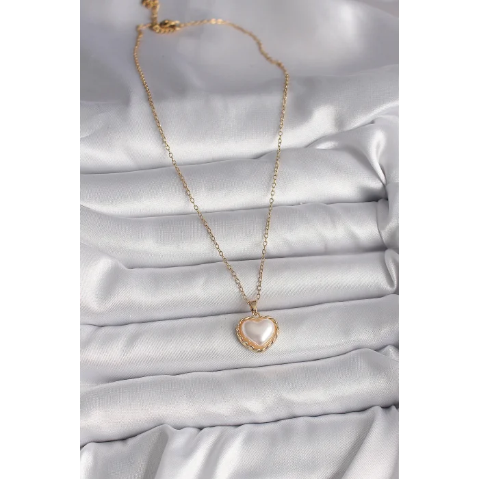 316L Çelik Gold Renk Zincir 3D İnci Kalp Model Kadın Kolye