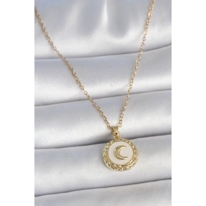 316L Çelik Gold Renk Zincir Beyaz Mineli Hilal İşlemeli Madalyon Model Kadın Kolye