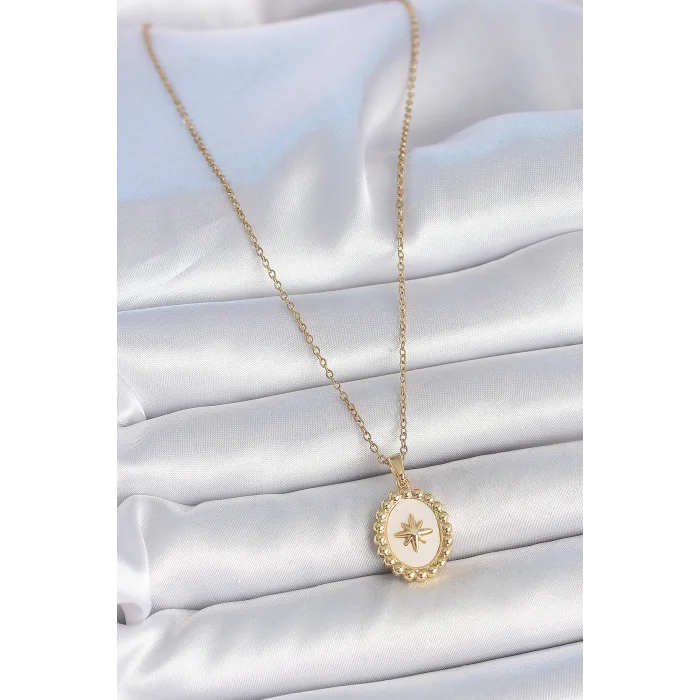 316L Çelik Gold Renk Zincir Beyaz Mineli Kutup Yıldız İşlemeli Madalyon Model Kadın Kolye