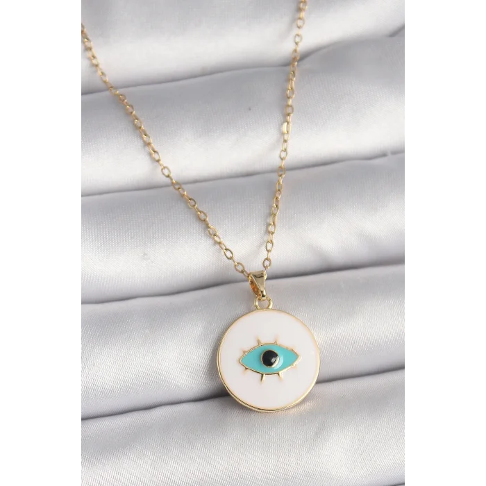 316L Çelik Gold Renk Zincir Beyaz Mineli Turkuaz Göz İşleme Model Kadın Kolye