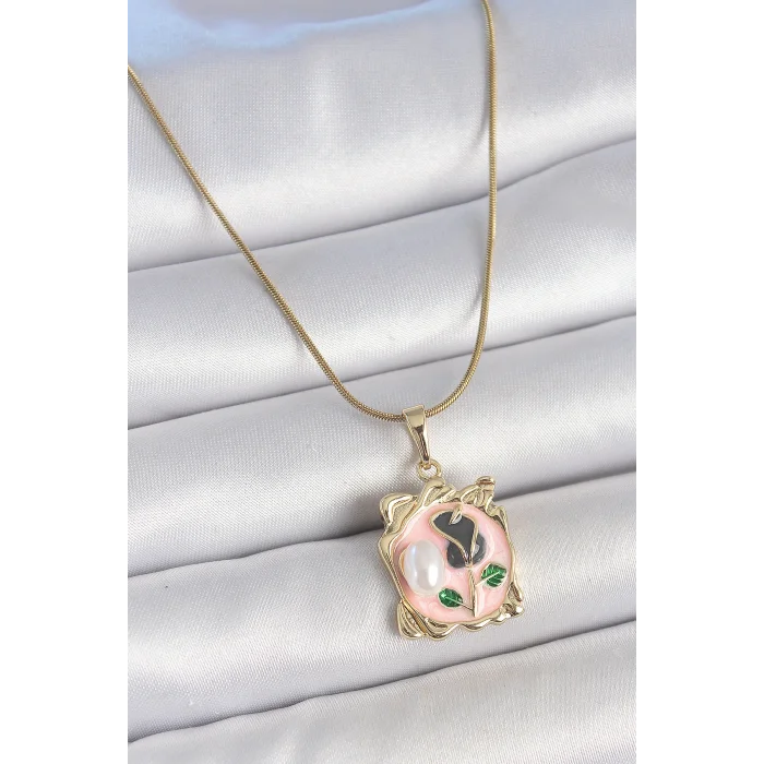 316L Çelik Gold Renk Zincir Pembe Mineli Çiçek İşlemli İnci Detay Portre Model Kadın Kolye