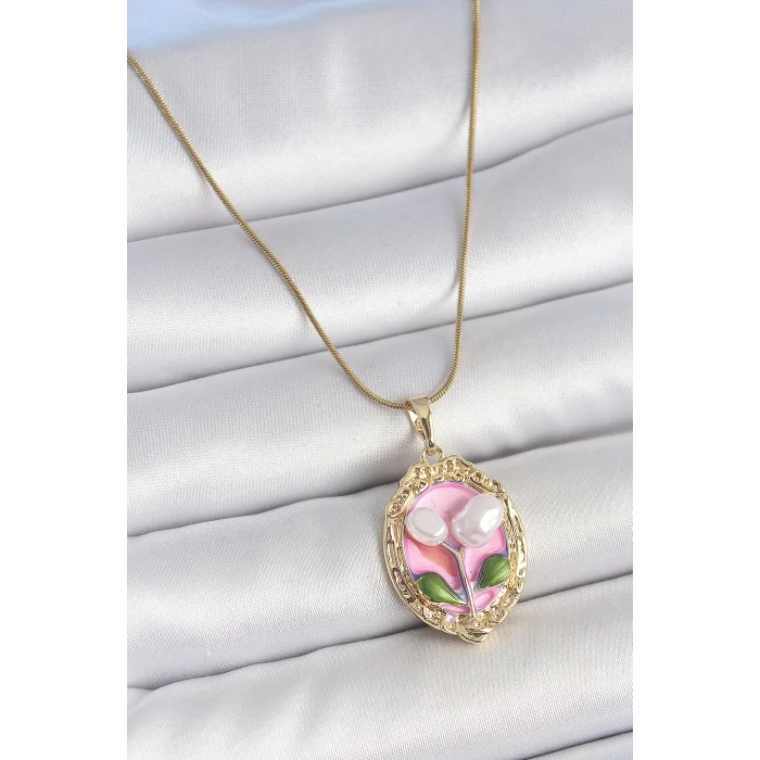 316L Çelik Gold Renk Zincir Pembe Mineli İncili Çiçek İşlemeli Portre Model Kadın Kolye
