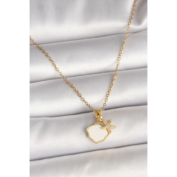 316L Çelik Gold Renk Zincir Sallantı Beyaz Mineli Deniz Kabuğu Zirkon Taşlı Deniz Yıldızı Figür Kadın Kolye
