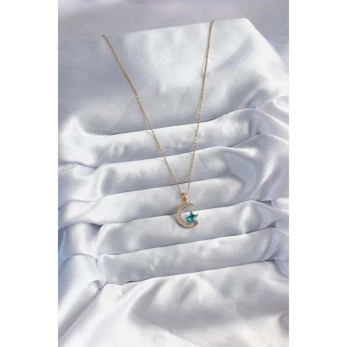 316L Çelik Gold Renk Zincir Zirkon Taş Detay Hilal Yıldızı Figür Kadın Kolye