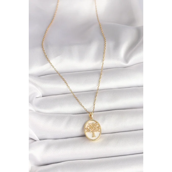 316L Çelik Gold Renk Zincir Zirkon Taş Detaylı Beyaz Mineli Ağaç İşlemeli Portre Model Kadın Kolye