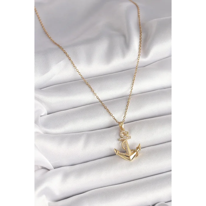 316L Çelik Gold Renk Zincir Zirkon Taş Detaylı Çapa Model Kadın Kolye