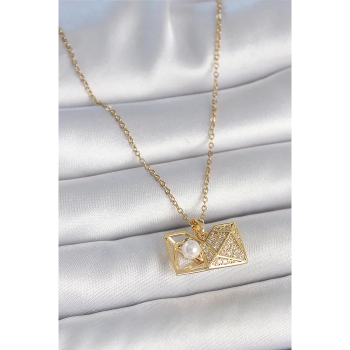 316L Çelik Gold Renk Zincir Zirkon Taşlı Açılır İncili Elmas Model Kadın Kolye