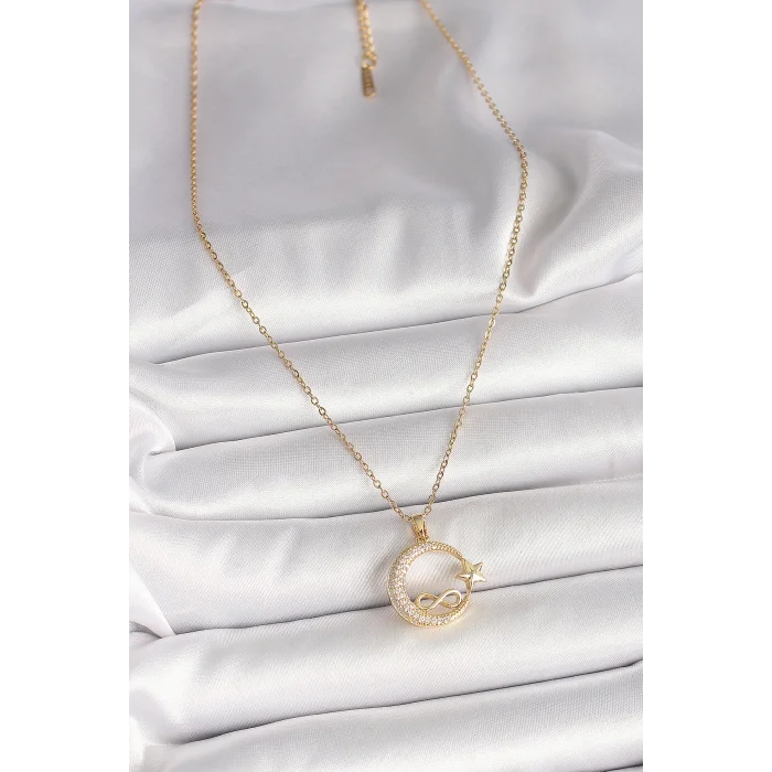 316L Çelik Gold Renk Zincir Zirkon Taşlı Ay Yıldız Model Sonsuzluk Detay Kadın Kolye