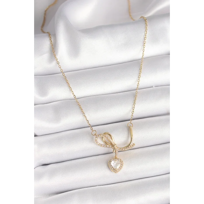 316L Çelik Gold Renk Zincir Zirkon Taşlı Düğüm Sallantı Kalp Model Kadın Kolye