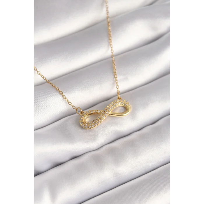 316L Çelik Gold Renk Zincir Zirkon Taşlı Sonsuzluk Model Kadın Kolye
