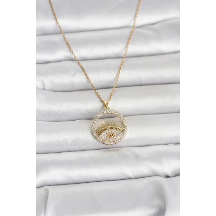 316L Çelik Gold Renk Zirkon Taşlı Göz Model Kadın Kolye