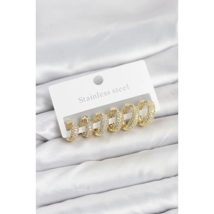 316L Çelik Gold Renk Zirkon Taşlı Halka Küpe Seti