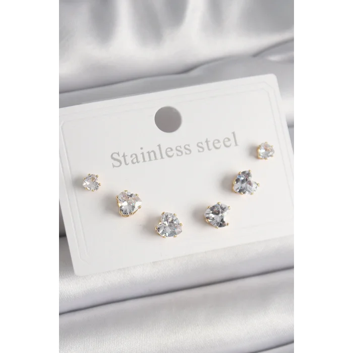 316L Çelik Gold Renk Zirkon Taşlı Kalp Model Kadın Küpe Seti