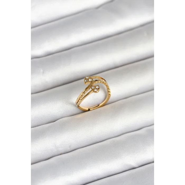 316L Çelik Gold Renk Zirkon Taşlı Kalp Model Kadın Yüzük