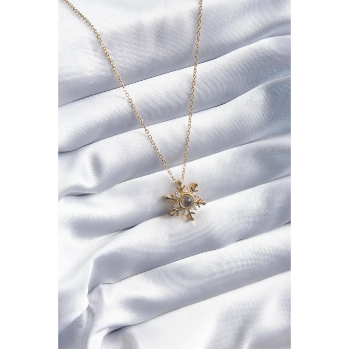 316L Çelik Gold Renk Zirkon Taşlı Kar Tanesi Projeksiyon Model Kadın Kolye