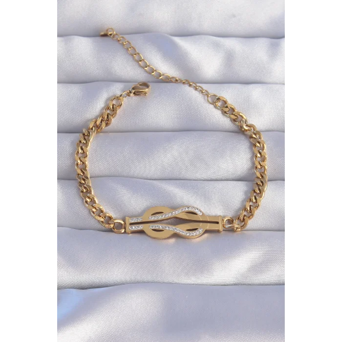 316L Çelik Gold Renk Zirkon Taşlı Kemer Tokası Model Zincir Bileklik