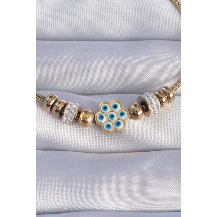 316L Çelik Gold Renk Zirkon Taşlı Nazarlı Çiçek Tasarımlı Bileklik