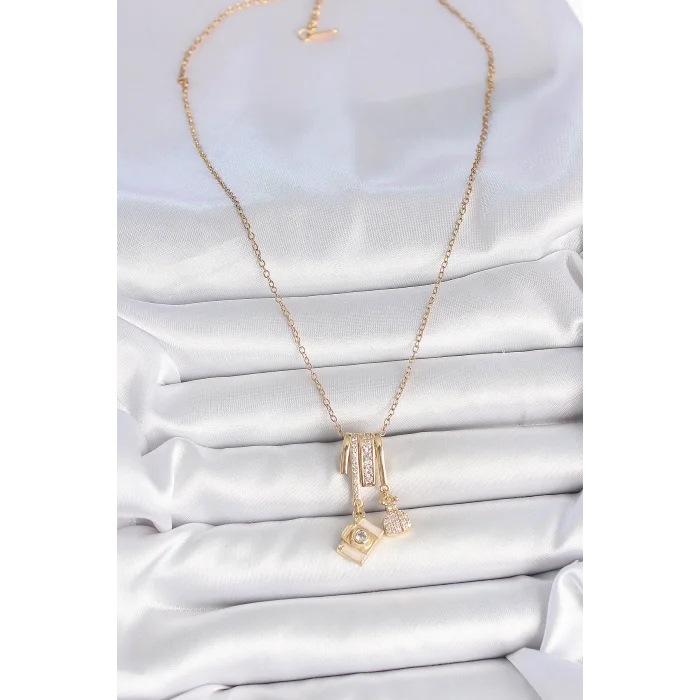 316L Çelik Gold Renk Zirkon Taşlı Sallantı Fotoğraf Makinası Figür Charm Kadın Kolye