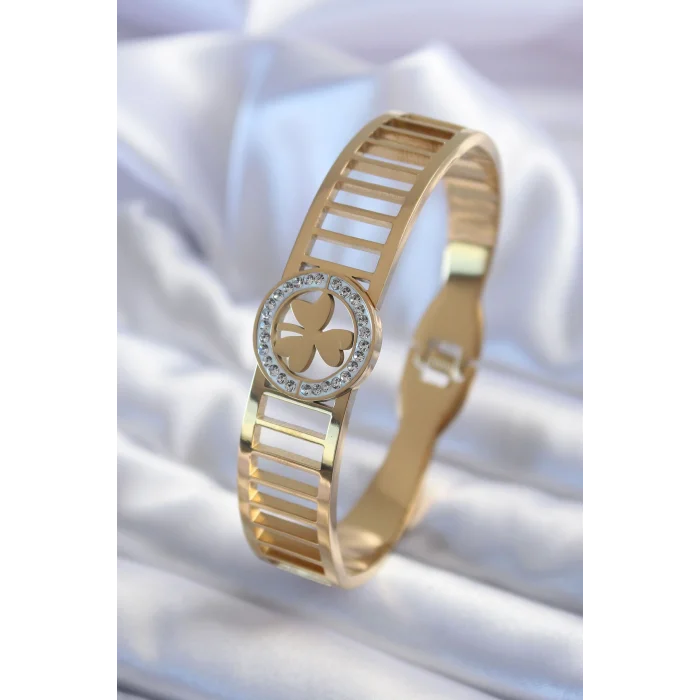 316L Çelik Gold Renk Zirkon Taşlı Yonca Model Kadın Kelepçe