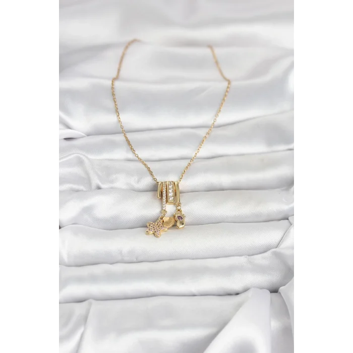 316L Çelik Gold Zirkon Taşlı Deniz Tema Charmlı Kadın Kolye