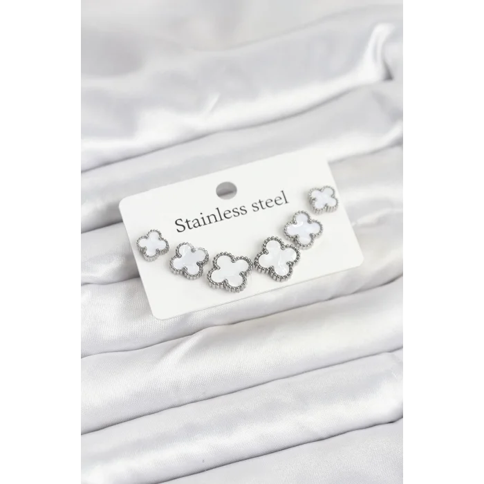 316L Çelik Gümüş Beyaz Renk 3 Boy Yonca Küpe Seti