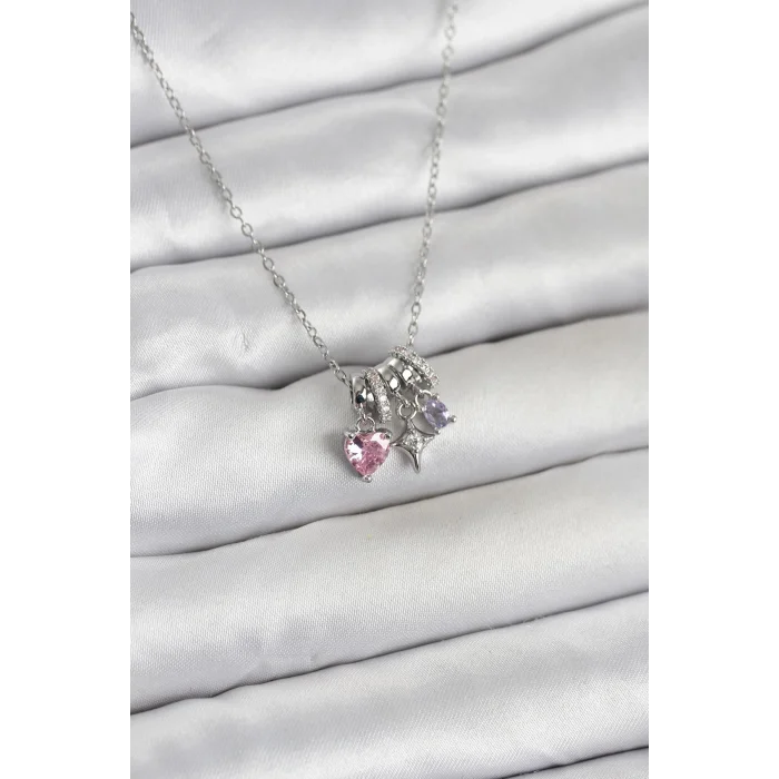 316L Çelik Gümüş Pembe Zirkon Taşlı Charmlı Kadın Kolye