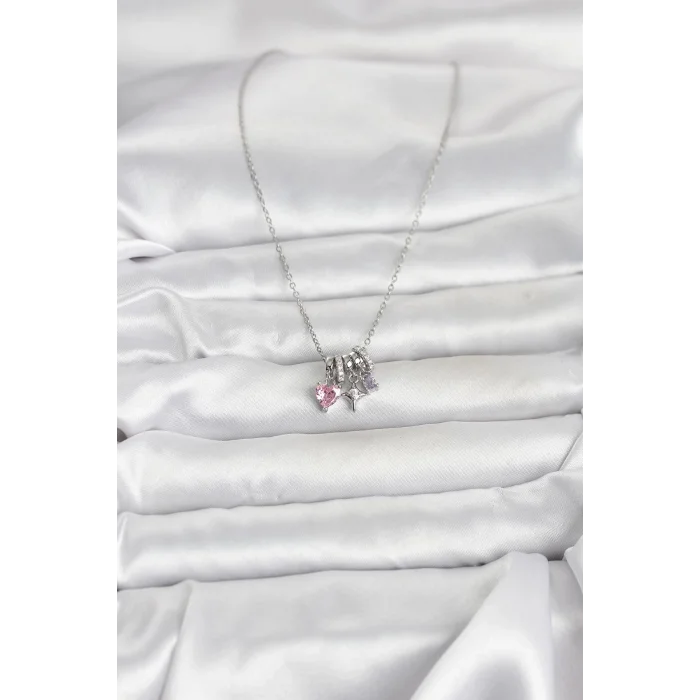 316L Çelik Gümüş Pembe Zirkon Taşlı Charmlı Kadın Kolye