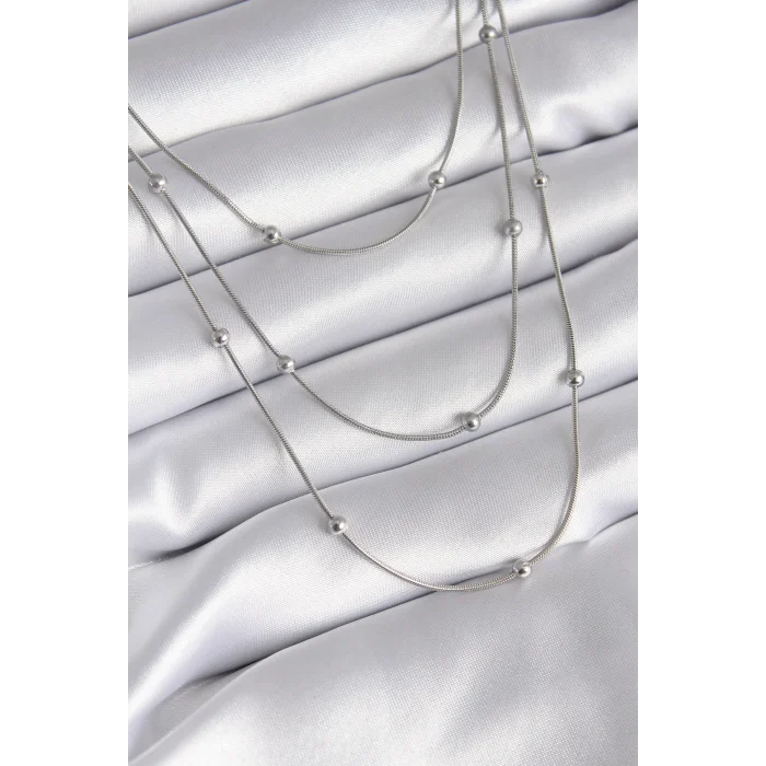 316L Çelik Gümüş Renk 3lü Topçuk Detay Kadın Kolye