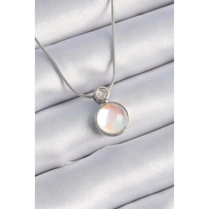 316L Çelik Gümüş Renk Beyaz Sedefli Vintage Model Kadın Kolye