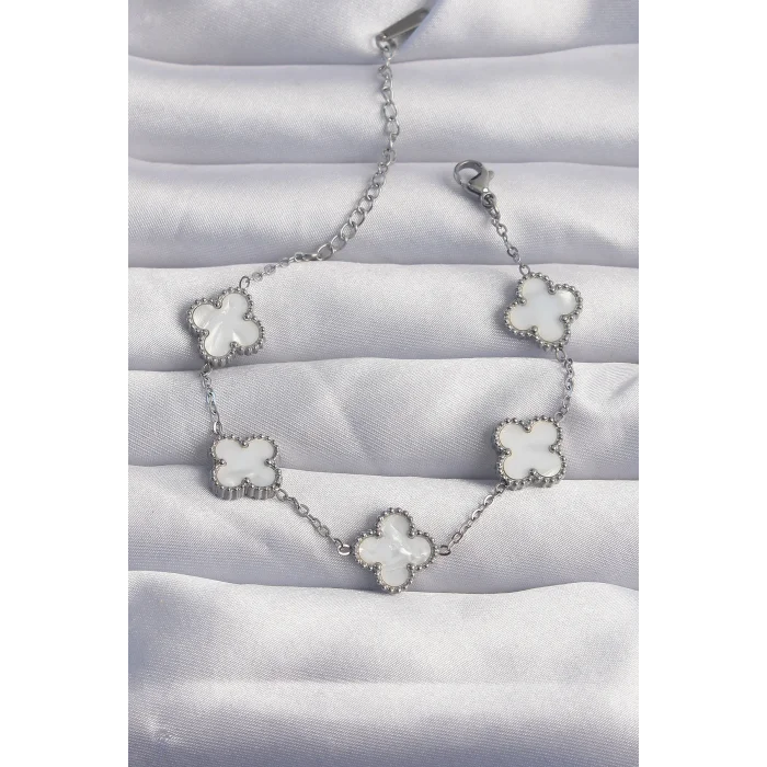 316L Çelik Gümüş Renk Beyaz Sedefli Yonca Bileklik