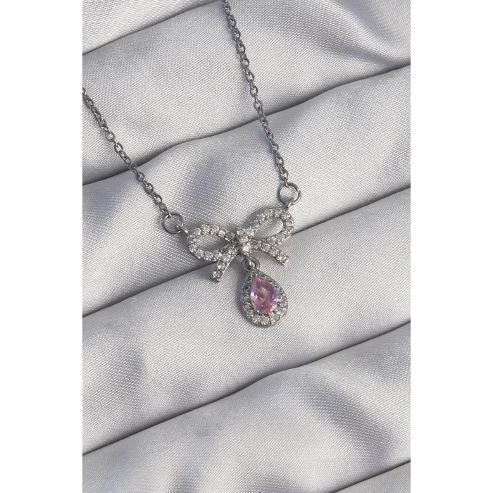 316L Çelik Gümüş Renk Fiyonk Detay Pembe Zirkon Taşlı Damla Kolye