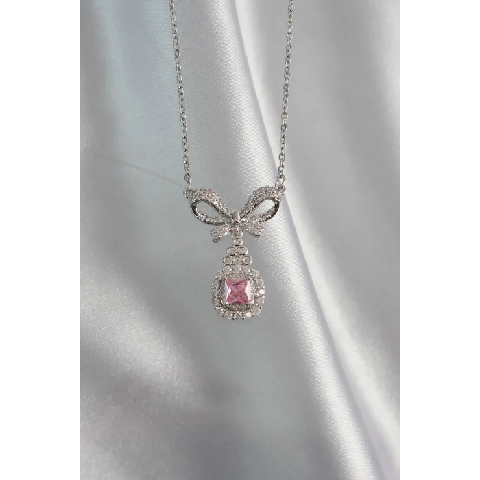 316L Çelik Gümüş Renk Fiyonk Detay Pembe Zirkon Taşlı Tektaş Kolye