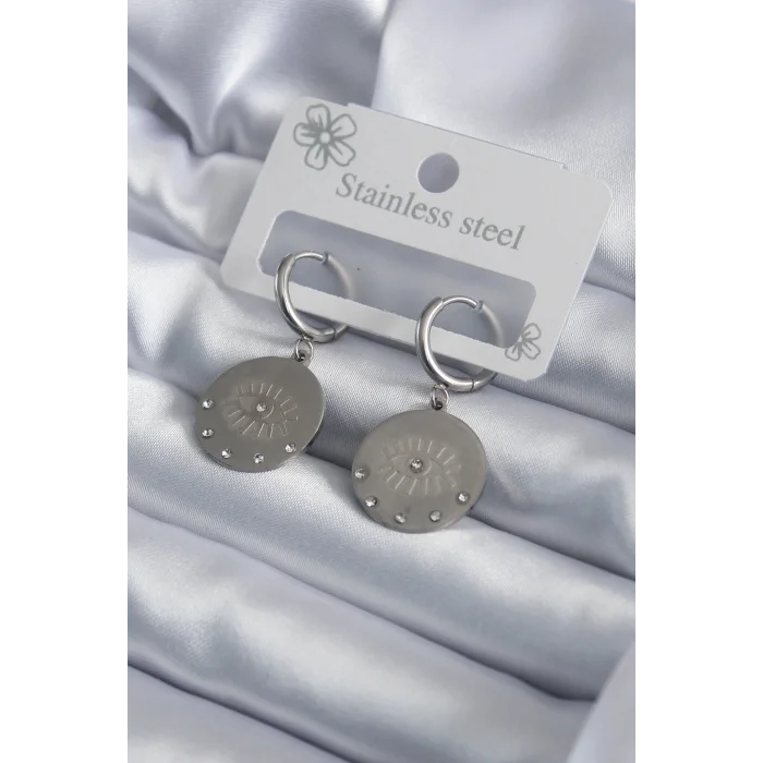 316L Çelik Gümüş Renk Göz İşleme Zirkon Taş Detay Kadın Küpe