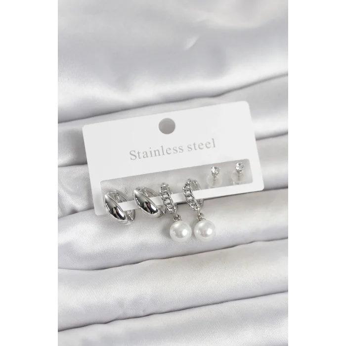 316L Çelik Gümüş Renk inci Halka Detaylı Kadın Küpe Seti