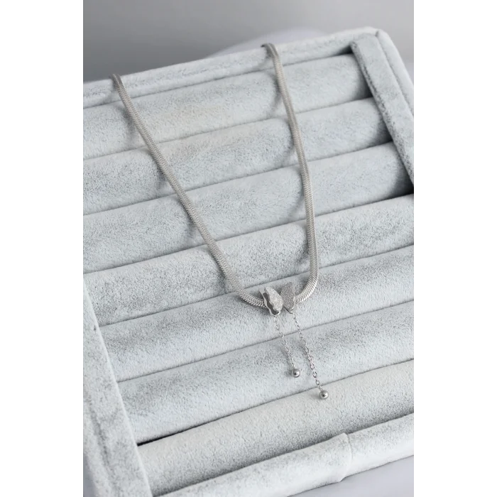 316L Çelik Gümüş Renk İtalyan Zincir Model Simli Kelebek Figür Kadın Kolye