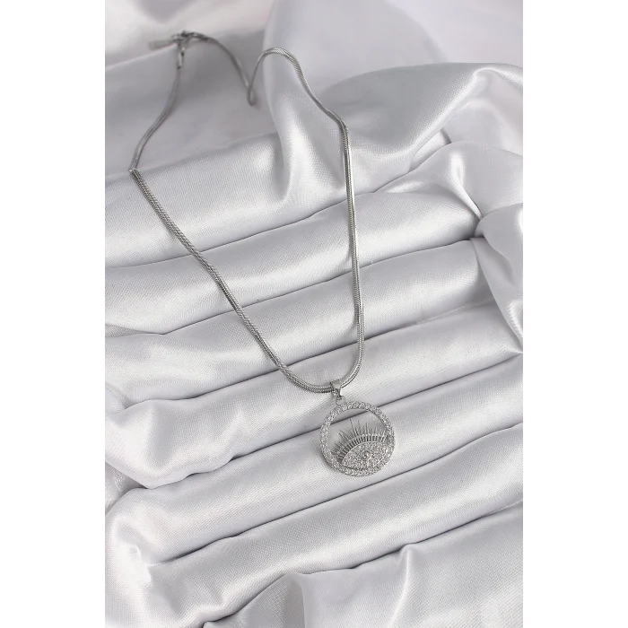 316L Çelik Gümüş Renk İtalyan Zincir Zirkon Taşlı Göz Model Kadın Kolye