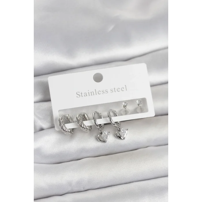 316L Çelik Gümüş Renk Kalp Detaylı Kadın Küpe Seti